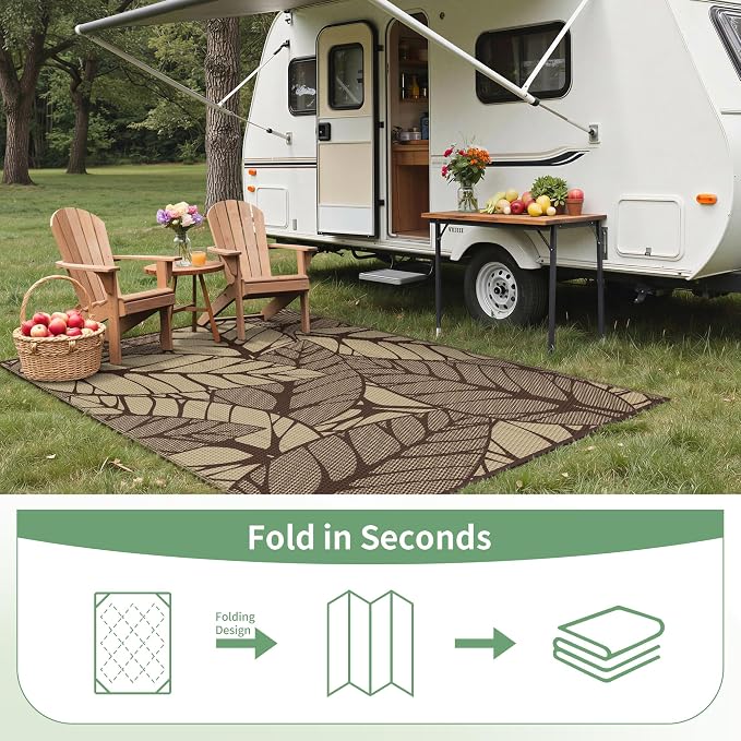 GENIMO Outdoor Rug, Waterproof Plastic Rugs for Patio, 6'x9' Coffee | Outside Larger Leaf Carpet Mat for Porch Decor, Deck, Balcony, Camping, RV, Backyard, Picnic, Beach, Reversible, Foldable