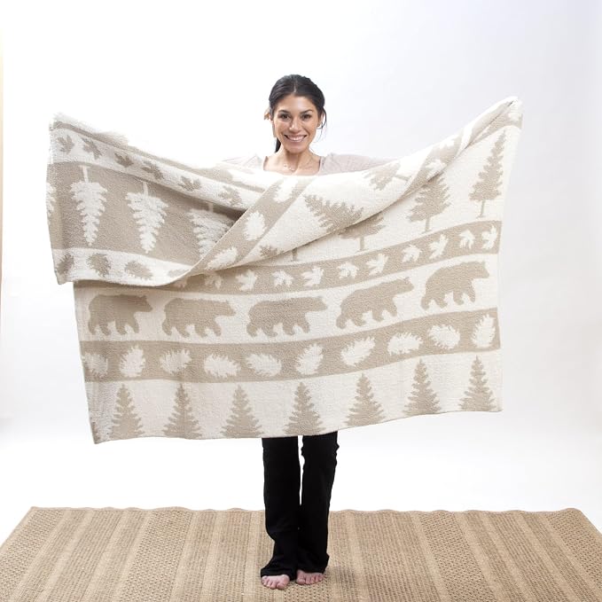 Carstens, Inc. Luxury Soft Stretchy Reversible Plush Throw Blanket, Large 50" x 60", Rustic Beige Bear Stripe