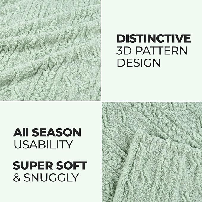 Superior Fleece Boho Jacquard Blanket, Decorative Blankets for Bedroom, Sofa, Fuzzy, Plush, Fluffy, Soft, Cute Room Decor, Beautiful Cover, Comfort Essentials, Arctic Collection, Full/Queen, Sea Foam