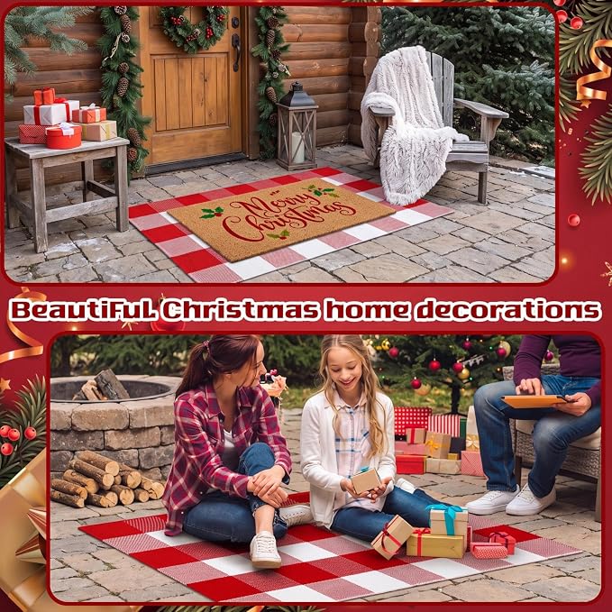 Moucuny 2 Christmas Outdoor Mat, Non Slip | Merry Christmas Welcome Coir Door Outdoor Red White Plaid Rug Front Door Porch Entryway Decor,24'' X 35'',16'' X 28''
