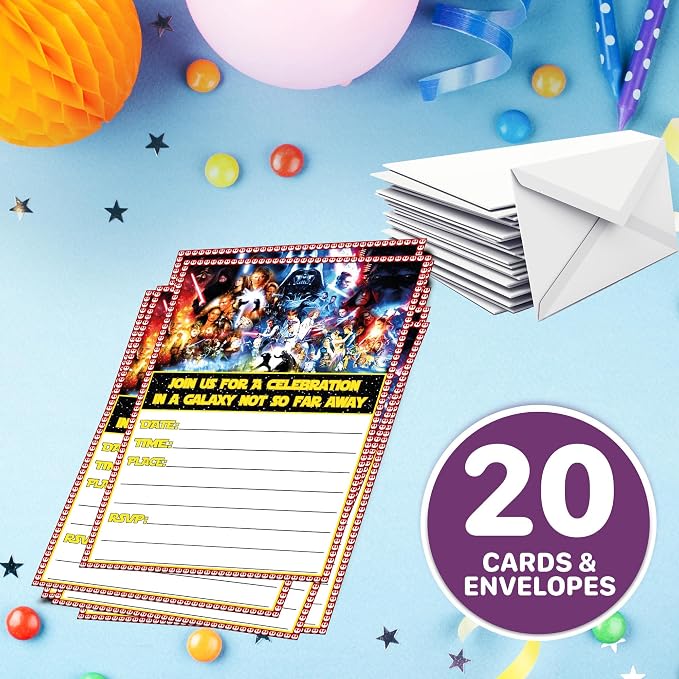 Set of 20 Galactic Adventure-Themed Happy Birthday Invitation Cards & Envelopes – Lightweight (240g), Postcard Style Invites for the Perfect Party Pack