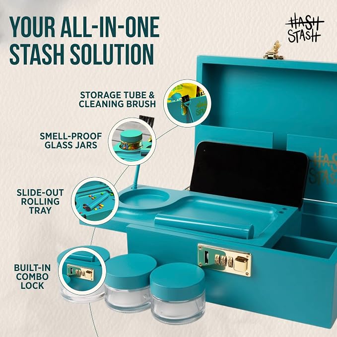 The OG Stash Storage Box - Large Bamboo Box with Combination Lock, Magnetic Lid, Organizer Tray, 3 Jars, Brush and Tube - Decorative Wooden Locked Storage Box with Accessories (Teal/Gold)