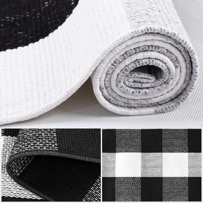 uxcell Buffalo Check Rug,Plaid Outdoor Rug,Layered Door Mat,Cotton Gingham Rugs,Floor Mat for Front Porch/Runner/Bedroom/Kitchen/Farmhouse 43"x28" Black & White
