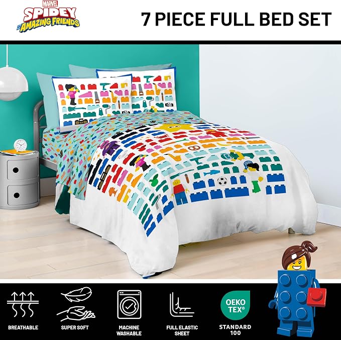 LEGO® Blocks Full Comforter Set 7 Piece Soft Kids Bedding, White | Bed in a Bag, Comforter Sheets Shams Pillowcases, Official Product, Soft Microfiber, Machine Washable Easy Care, Kids Gift
