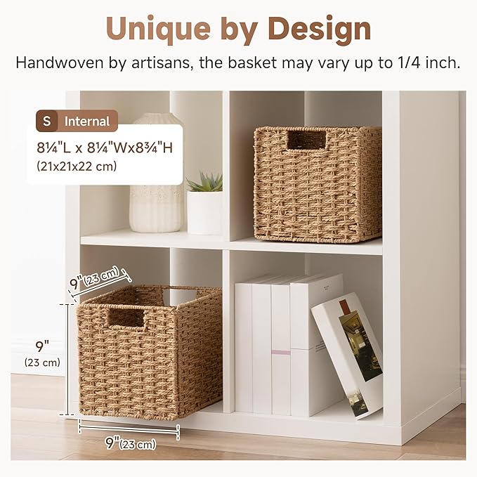 StorageWorks 9 inch Wicker Baskets for Storage,Square Baskets,Natural | 2-Pack,Paper Rope Wicker Storage Cubes,Handwoven Square Cube Organizer Bins,Foldable,Baskets for Organizing,9x9 storage cube