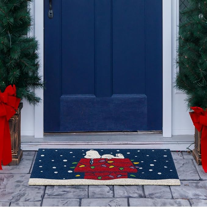 Gertmenian Peanuts Snoopy Coir Doormat - 2x3 Welcome Mat (2-Pack), Ideal for High Traffic Areas in Front Door, Garage, Entryway - Snowflake/Dog House Lights, 80004