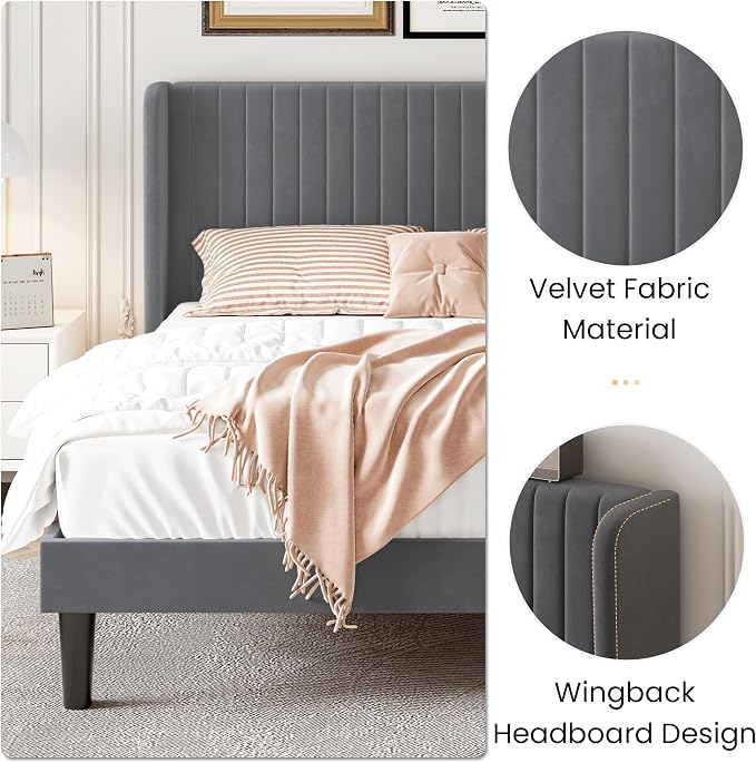 SHA CERLIN Queen Size Velvet Bed Frame, Tufted Wingback Headboard, Grey | 47'' Modern Vertical Channel Headboard, Upholstered Platform Bed, Wood Slats, No Box Spring Needed, Easy Assembly, Noise Free