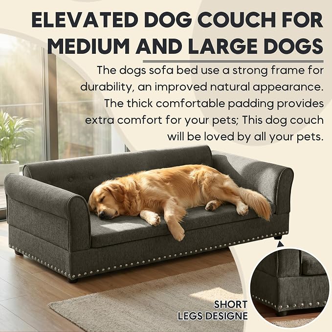 55" Dog Sofa for Medium to Large Dogs, Button Tufted Dog Couch Bed with Backrest and Armrests, Durable Memory Foam Pet Bed, Removable Cushion for Medium and Large Dogs, Dark Grey