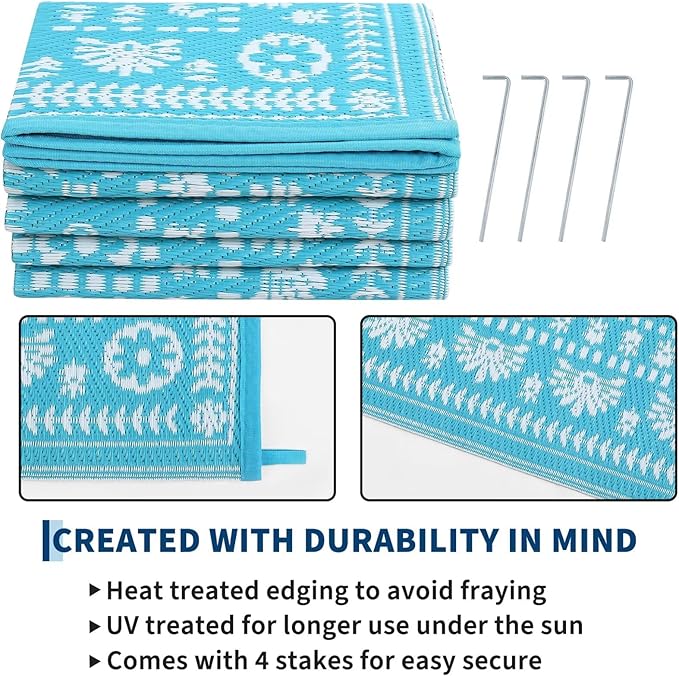 Garvee Reversible Outdoor Rug 9x12 for Patio, Waterproof Outdoor Area Rug, Modern Medallion Indoor Outdoor Rugs, Plastic Straw Rug for RV, Camping, Deck, Vintage Blue