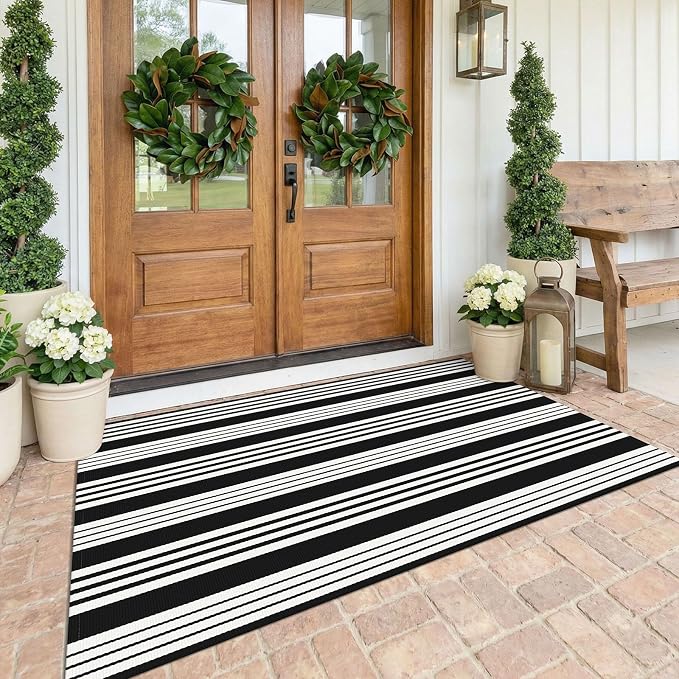 KOZYFLY 4x6 Black White Striped Rug Front Door Rug Cotton Woven Washable Indoor Outdoor Rugs Entrance Layered Doormat for Front Porch Kitchen Patio Farmhouse Carpet