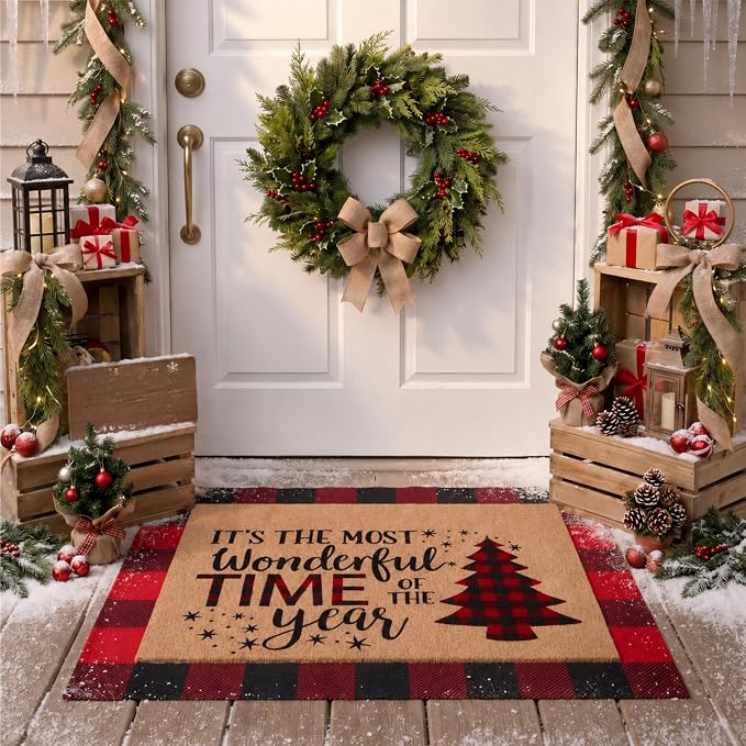 Tinideya 2 Pcs Door Mat Welcome Non Slip Coir Mats Floor Layering Doormats Seasonal for Front Porch Entryway Decor(Christmas Tree)