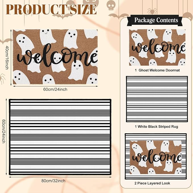 2Pcs Halloween Welcome Ghost Doormats, 16 x 24 in Brown Ghost Door Mat And 24 x 32 in Black White Striped Layering Rug, Fall Porch Decor For Indoor Outdoor Entryway Patio Kitchen Bathroom Floor