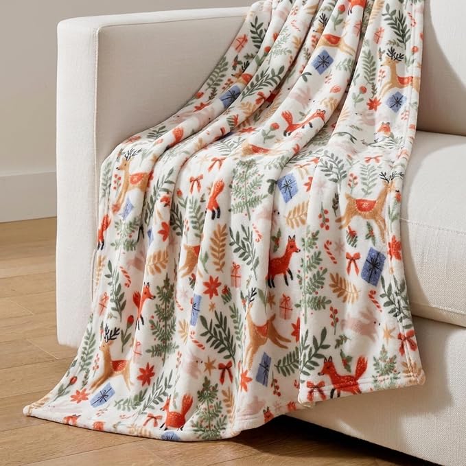 Martha Stewart - Blanket, Incredibly Soft Throw Blanket for Couch or Bed, Printed Plush & Oversized Bedding (Holiday Woodland White, 60" x 70")