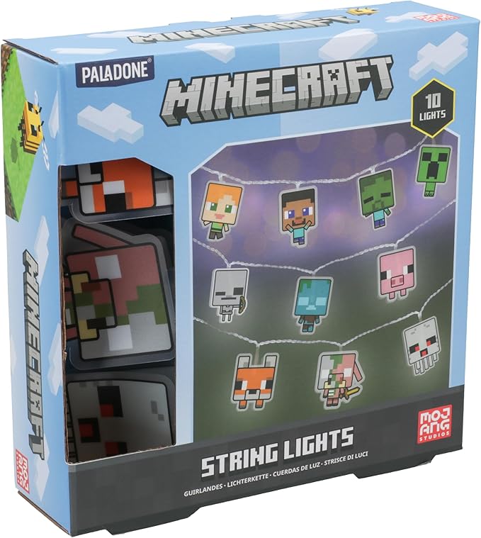 Paladone Minecraft String Lights with 10 LED Characters Including Creeper, Steve, Piglin and More, Officially Licensed Battery Powered Bedroom Décor for Boys, Girls, Teenagers, Kids, Gift for Gamers
