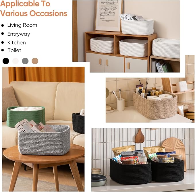 OIAHOMY 4 Pack 14.17 * 11.02 * 6.3IN Storage Baskets for Organizing Shelves, Woven Rope Baskets for Organizing Books, Clothes, Decorative Basket for Living Room, Nursery, Bedroom, Gift Basket, Black