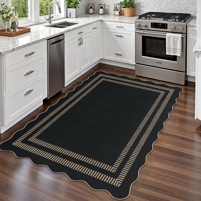Scalloped Modern Easy Jute Carpet, 4x6 Outdoor Patio Washable Area Rug, Indoor Black Kitchen Rugs Farmhouse Neutral Non Slip Rug for Living Room Patio Entryway