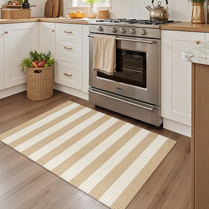 Rugalia Washable Woven Indoor Outdoor Doormat, 2x3 Natural Beige Cotton Striped Entryway Rug Low Pile Non-Slip Small Kitchen Rug, Modern Farmhouse Throw Carpet for Porch Bathroom Bedroom
