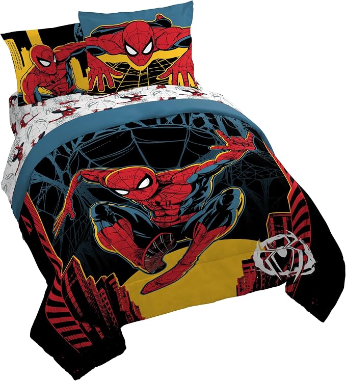 Jay Franco Kids Comforter Set Includes Sheets and Pillow Covers - Soft and Cozy Bed Set for Stylish Room Decor, Official Licensed Bedding, Black - Spiderman, 7 Piece Queen