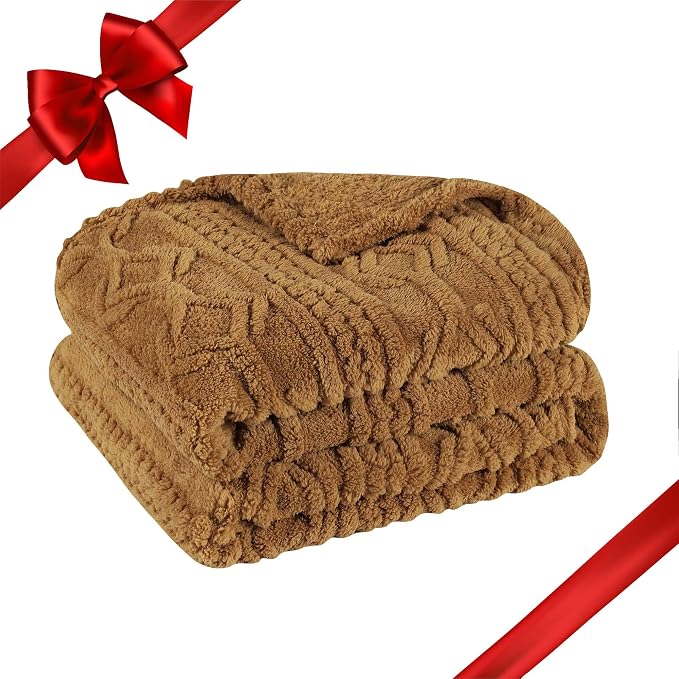 Superior Fleece Boho Jacquard Blanket, Decorative Blankets for Bedroom, Sofa, Fuzzy, Plush, Fluffy, Soft, Cute Room Decor, Beautiful Cover, Comfort Essentials, Arctic Collection, Twin, Camel