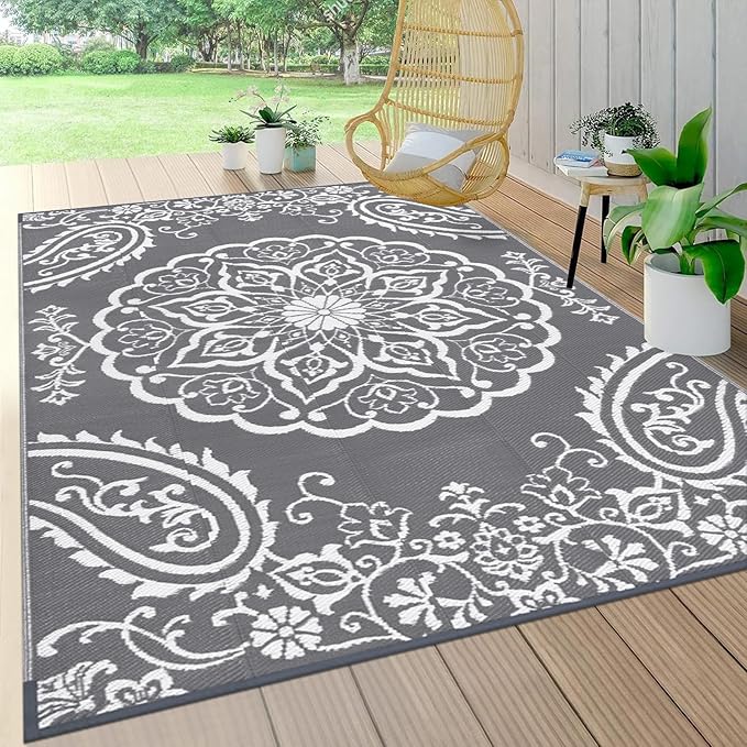 Pauwer Outdoor Rug 5x8, Waterproof Plastic Straw Camping Rug, Boho Grey | Reversible Patio Rug, UV Resistant Indoor Outdoor RV Mat Carpet For Deck, Camper, Porch, Balcony, Backyard, Picnic, Foldable