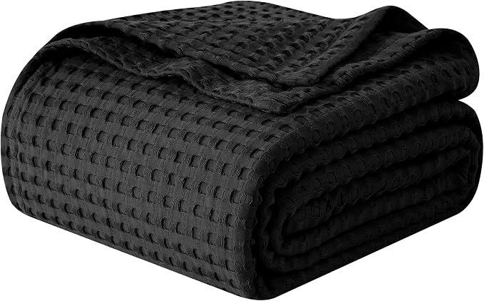 Elegant Comfort Premium 100% Cotton Waffle Blanket - Lightweight Breathable Waffle Weave Bed Blanket - Soft and Warm All Season Blanket for Couch, Sofa and Bed, Queen Size 90x90 Inches, Black