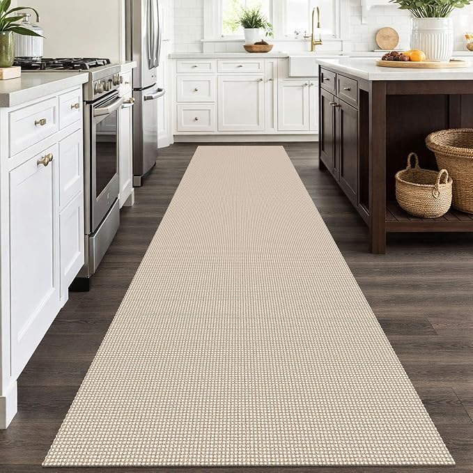 IOHOUZE Washable Runner Rug 3x12 Non Slip Rubber Backed Extra Long Hallway Runner Entryway Runner Indoor, Kitchen Rugs Woven Cotton Floor Carpet for Hall Entrance, Cream/Beige