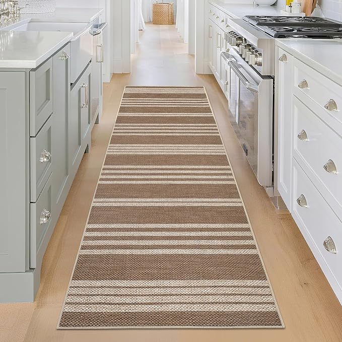 COZYLOOM Runner Rug 2x6 Kitchen Rugs Non Slip Washable Modern Striped Jute Rugs for Entryway, Stain Resistant Foldable Outdoor Indoor Area Rug for Bathroom Hallway, White/Coffee