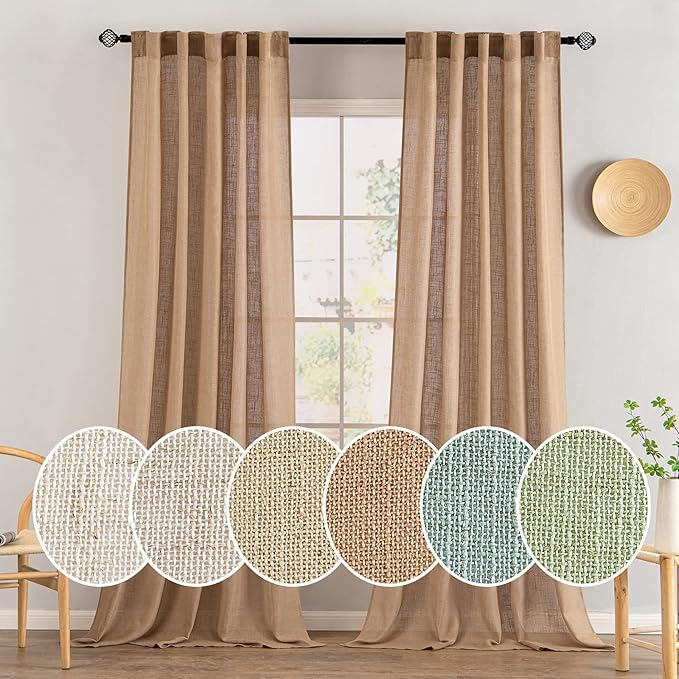 MIULEE Brown Linen Curtains 90 Inches Long for Bedroom Living Room, Soft Thick Linen Textured Window Drapes Semi Sheer Light Filtering Back Tab Rod Pocket Burlap Look Farmhouse Decor, 2 Panels Set