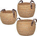 GIB Round Seagrass Storage Baskets Woven Wicker Planter Baskets for Decor | Decorative Basket for Blankets, Plants, Shelves Organizing, Natural Rattan, Leather Handles, 13", 12" & 11", Set of 3