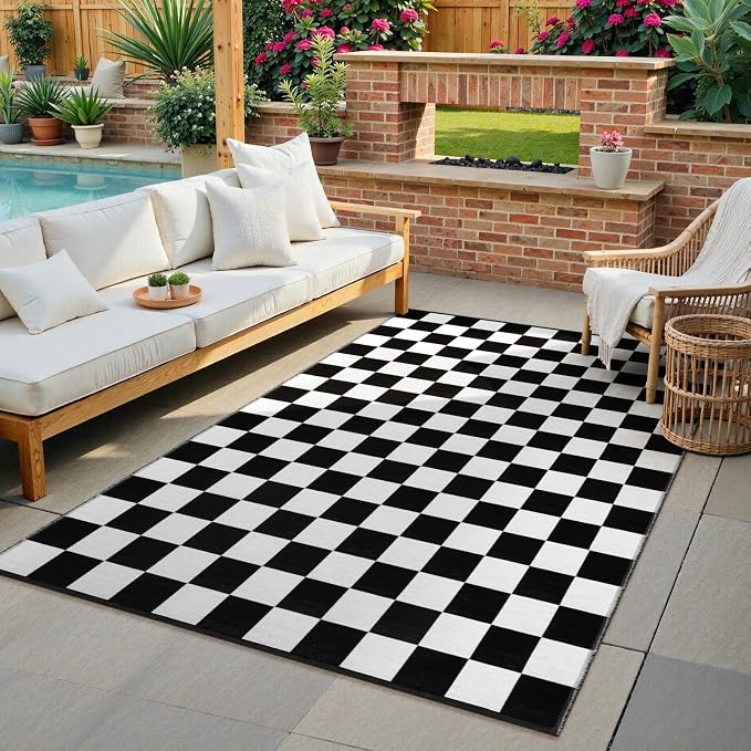 Seavish Washable 4x6 Ft Black and White Checkered Outdoor Porch Rug | Cotton Woven Checkerboard Rug, Low Pile Foldable Floor Cover Indoor Carpet for Living Room Bedroom Dining Room Patio