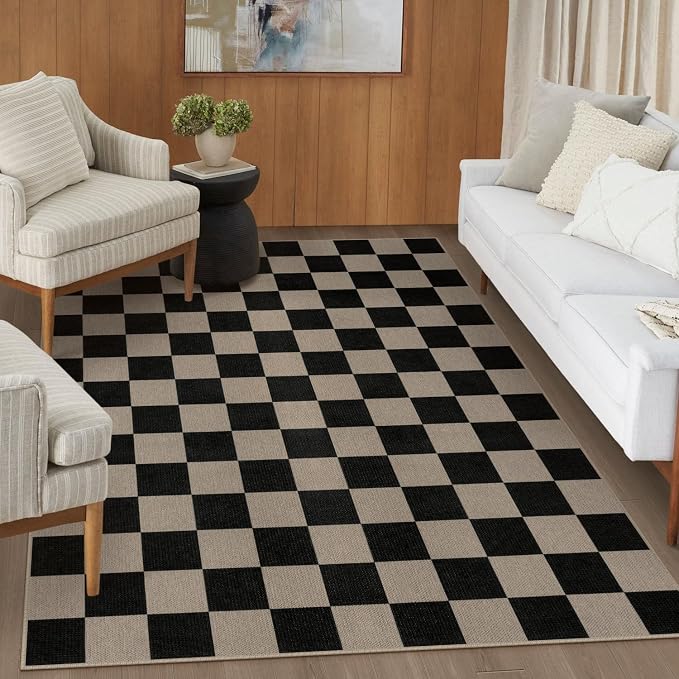 Rugalia Easy Jute Black Checkered 5x7 Area Rug, Washable Modern Rugs for Living Room Non-Slip Checkerboard Bedroom Rug, Farmhouse Indoor Outdoor Carpet for Patio Dining Room Classroom