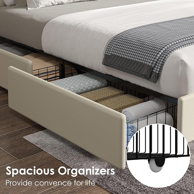 VECELO Full Size Upholstered Bed Frame with 4 Storage Drawers, Adjustable Velvet Rivet Decor Headboard, Wooden Slats Platform Support, No Box Spring Needed, Easy Assembly,Beige