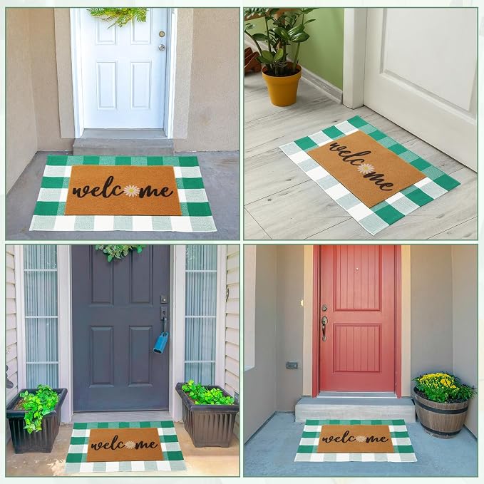 2 Pcs Outdoor Door Mat Combo Set Layered Outdoor Rug and Coir Welcome Doormat Non Slip Outside Floor Mat for Front Porch Entryway Patio Yard Decor(Green Daisy,24'' X 35'',24'' X 16'')