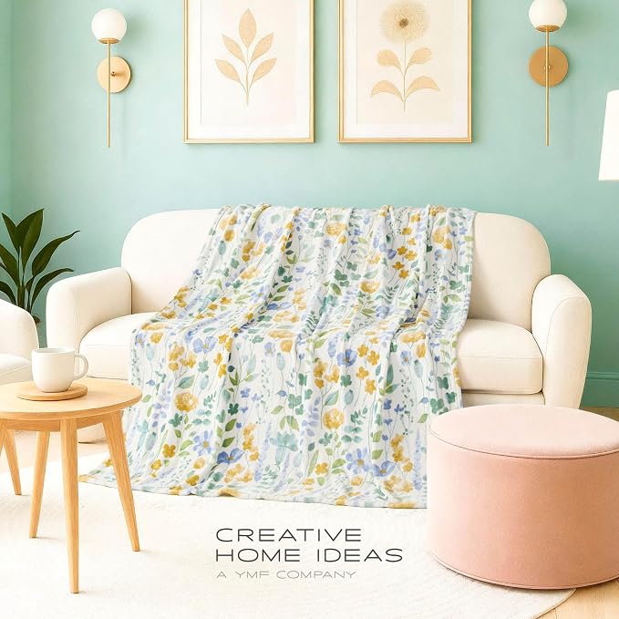 Oversized Plush Throw Blanket 60" x 70", Talia Floral Chambray Blue