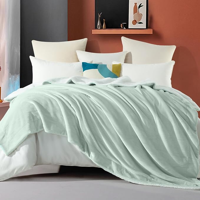 Elegant Comfort Ultra Soft Reversible Flannel Sherpa Blanket - Cozy Silky Fleece Throw for Couch, Bed - Plush Fuzzy Warm Winter Blanket for Gift, Twin, Mint Green