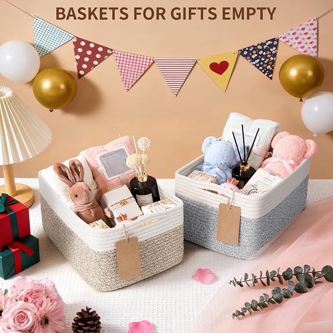 Goodpick 4 Pack Woven Storage Baskets with Handles, Gray & White | 13" x 8" x 6", Rectangle Design, Shelf & Closet Organization, Nursery Essentials, Baby Toys, Books & Home Storage