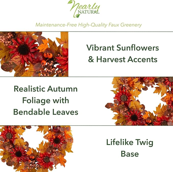 Nearly Natural 30 in Artificial Fall Sunflower Wreath for Front Door Decor | Harvest Acorn and Berries, Autumn Foliage Accents, Perfect for a Bare Wall or Door, Festive Fall Feel