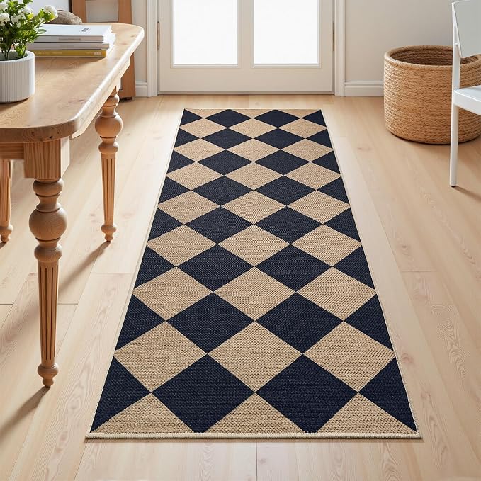 EDIMENS 2x6 Checkered Easy Jute Washable Kitchen Indoor Outdoor Runner Rug | Non Slip Front Door Runner Rug for Laundry Balcony Low Pile Rugs Black Checkerboard Carpet for Hallway 6ft Entry