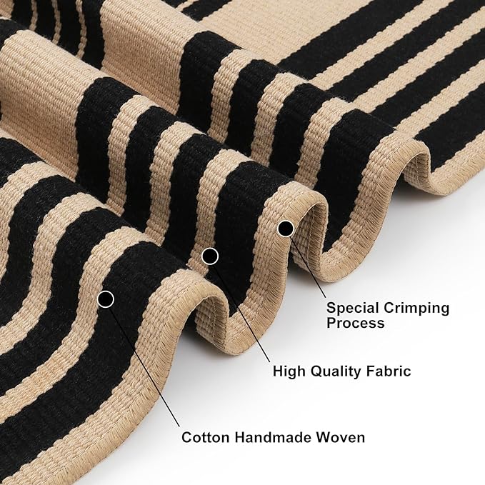 KIMODE Outdoor Rug Fall Decor 27.5"x43", Black and Khaki Striped Front Porch Rugs, Reversible Washable Front Door Mats, Hand Woven Welcome Layered Doormat Entryway Rug for Entrance Farmhouse