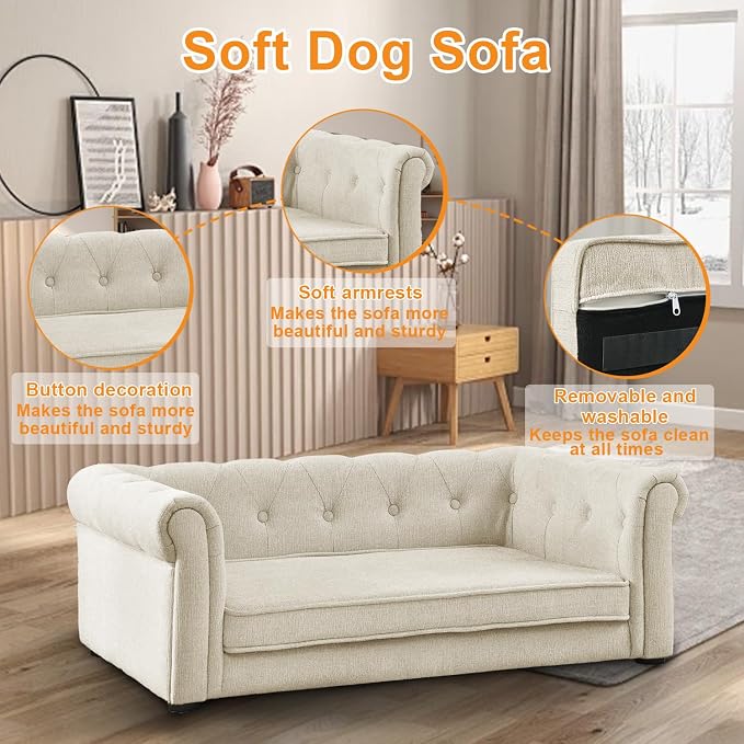 Dog Sofa for Small & Medium Dogs | Removable & Washable | No Assembly Required | Breathable Linen Fabric | Soft Foam |Floor-friendly sofa legs | Beige