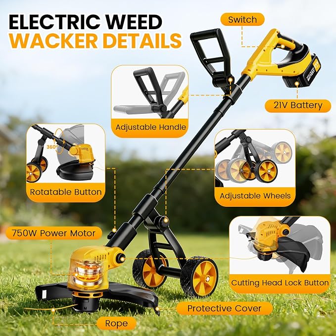 14-Inch Cordless String Trimmer with Wheels, 2x3.0Ah 21V Battery Powered Weed Eater, Electric Lawn Mower Weed Wacker, Brush Cutter Grass Trimmer for Garden Yard