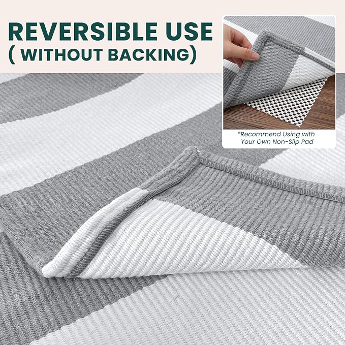 KOZYFLY 4x6 Striped Rug Front Door Rug Gray White Cotton Woven Washable Indoor Outdoor Rugs Entrance Layered Doormat for Front Porch Kitchen Patio Farmhouse