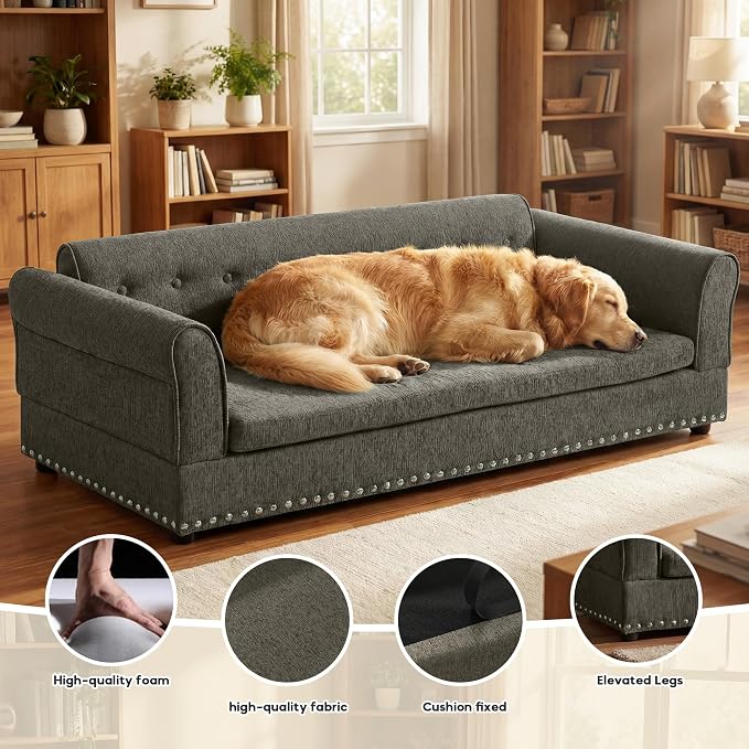 55" Dog Sofa for Medium to Large Dogs, Button Tufted Dog Couch Bed with Backrest and Armrests, Durable Memory Foam Pet Bed, Removable Cushion for Medium and Large Dogs, Dark Grey