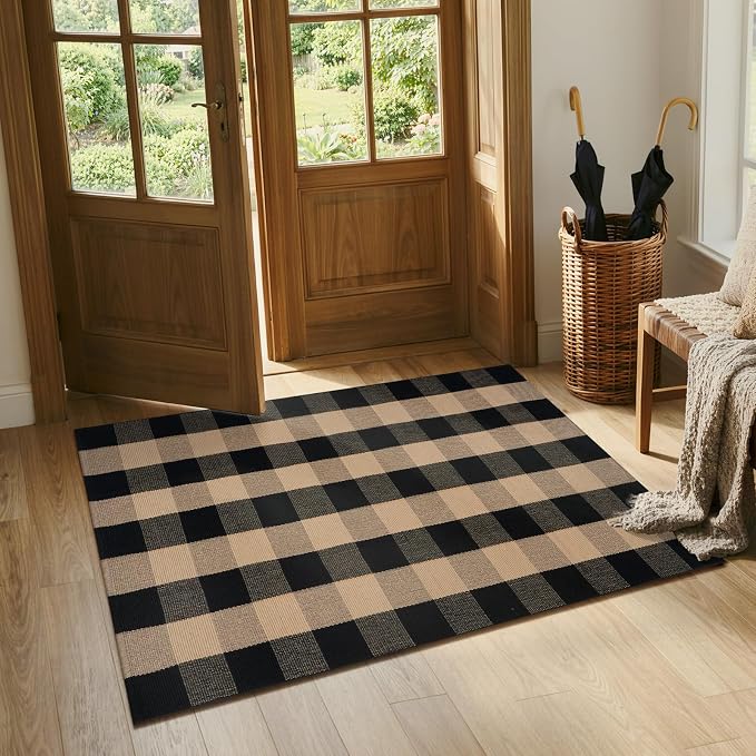 OJIA Buffalo Plaid Checkered Rug Fall Outdoor Rugs 3'x5' Welcome Door Mats | Washable Small Outdoor Porch Rug Carpet Cotton Door Mat Outside Entrance Layered Doormats for Patio/Farmhouse/Entryway/Foyer