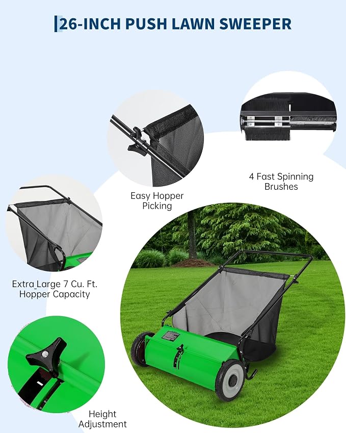 Push Lawn Sweeper for Leaves, 26" Width Heavy Duty Steel Frame Grass Catcher with 7 Cu. Ft. Hopper Bag & 4 Spinning Brushes for Yard and Garden Cleanup, Green