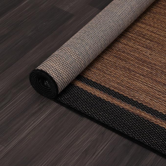 CAMILSON Indoor Outdoor Rug, 9x12 Bordered Nut Brown Black Modern Area Rugs for Indoor and Outdoor Patios, Kitchen and Hallway Mats, Washable Porch Deck Outside Carpet (Border Nut Brown Black, 9 x 12)