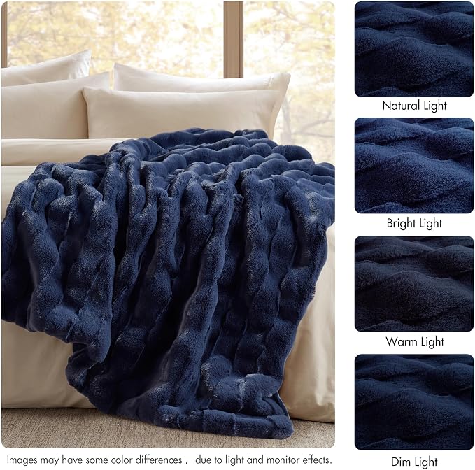 Madison Park Vivienne Faux Fur Throw Blanket Velvet, 50 x 60, Navy | All Season, Cozy Warmth for Sofa or Bed, Reversible, Lightweight, OEKO-TEX Certified