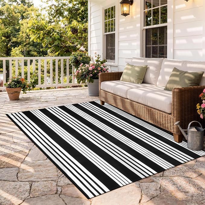 OJIA Black and White Outdoor Rug 4'x6' Washable Patio Rug Porch Camping Rug | Cotton Woven Front Door Mat Outdoor Area Rugs Floor Mat for Farmhouse/Front Porch/Balcony/Entryway/Deck/Home Entrance Decor