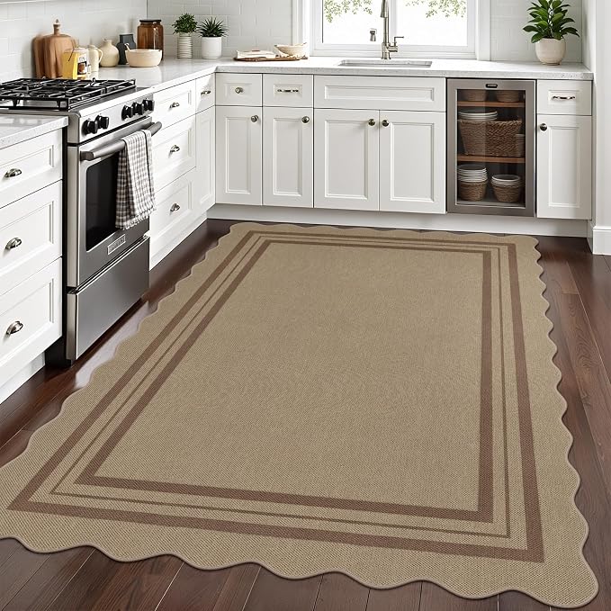Scalloped 5x7 Rug for Living Room, Easy Jute Washable Outdoor Patio Carpet, Farmhouse Indoor Brown Geometric Rug Neutral Non Slip Carpet for Living Room Backyard