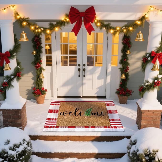 Moucuny 2 Pcs Christmas Doormat Outdoor Christmas Tree Welcome Coir Mat, Red White Plaid Outdoor Rug Non Slip Mats for Entrance Front Porch Decor, 24'' x 35'', 16'' x 28''